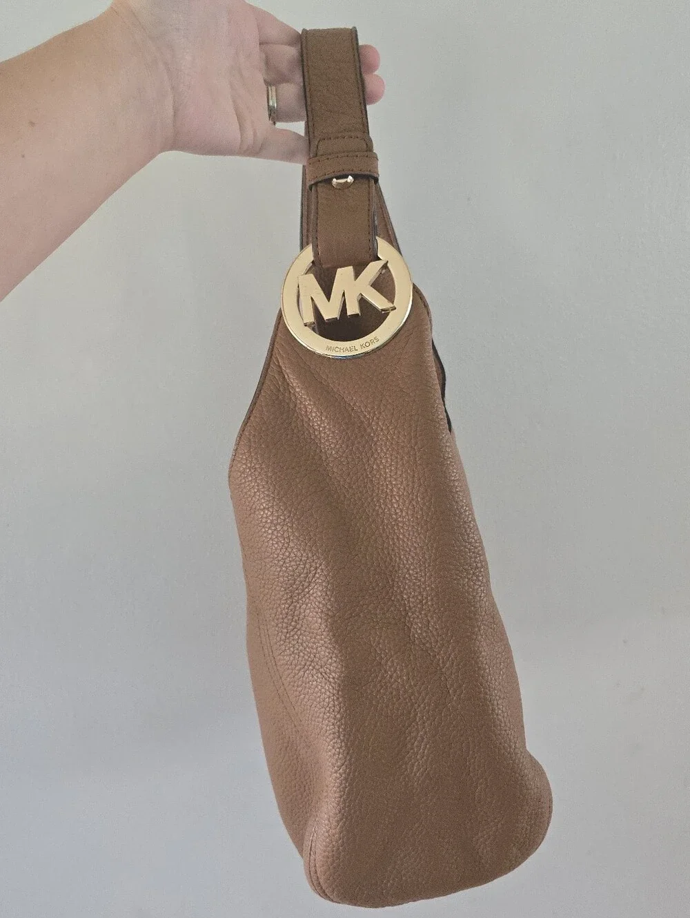 Michael Kors Tan Pebbled Leather Hobo with Gold Logo Charm